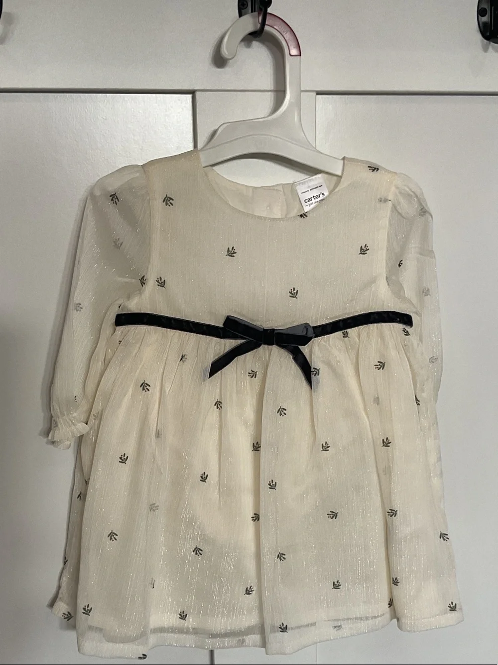 Carter's Ivory Dress with Black Ribbon Accent